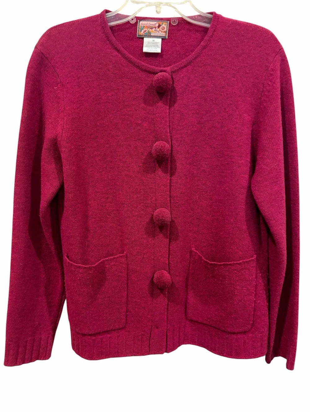 April Cornell Vintage lambs wool Fuchsia Pom-Button Knit Sweater size medium
